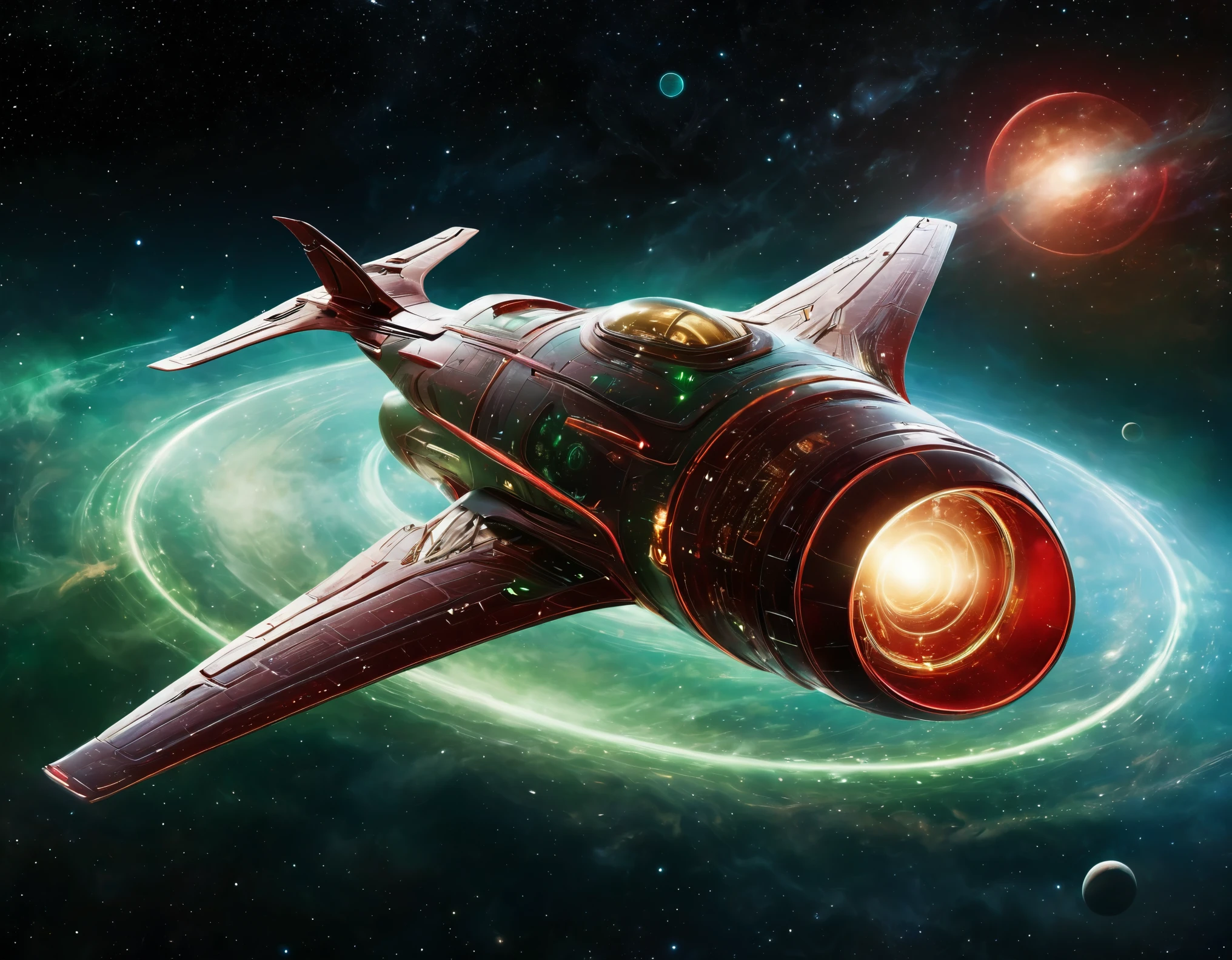 A futuristic starship gliding through a starry cosmic background, transitioning from green to red hues. The starship features a circular saucer section, an elongated body, and engine-like nacelles, with a detailed metallic exterior and vibrant lights
