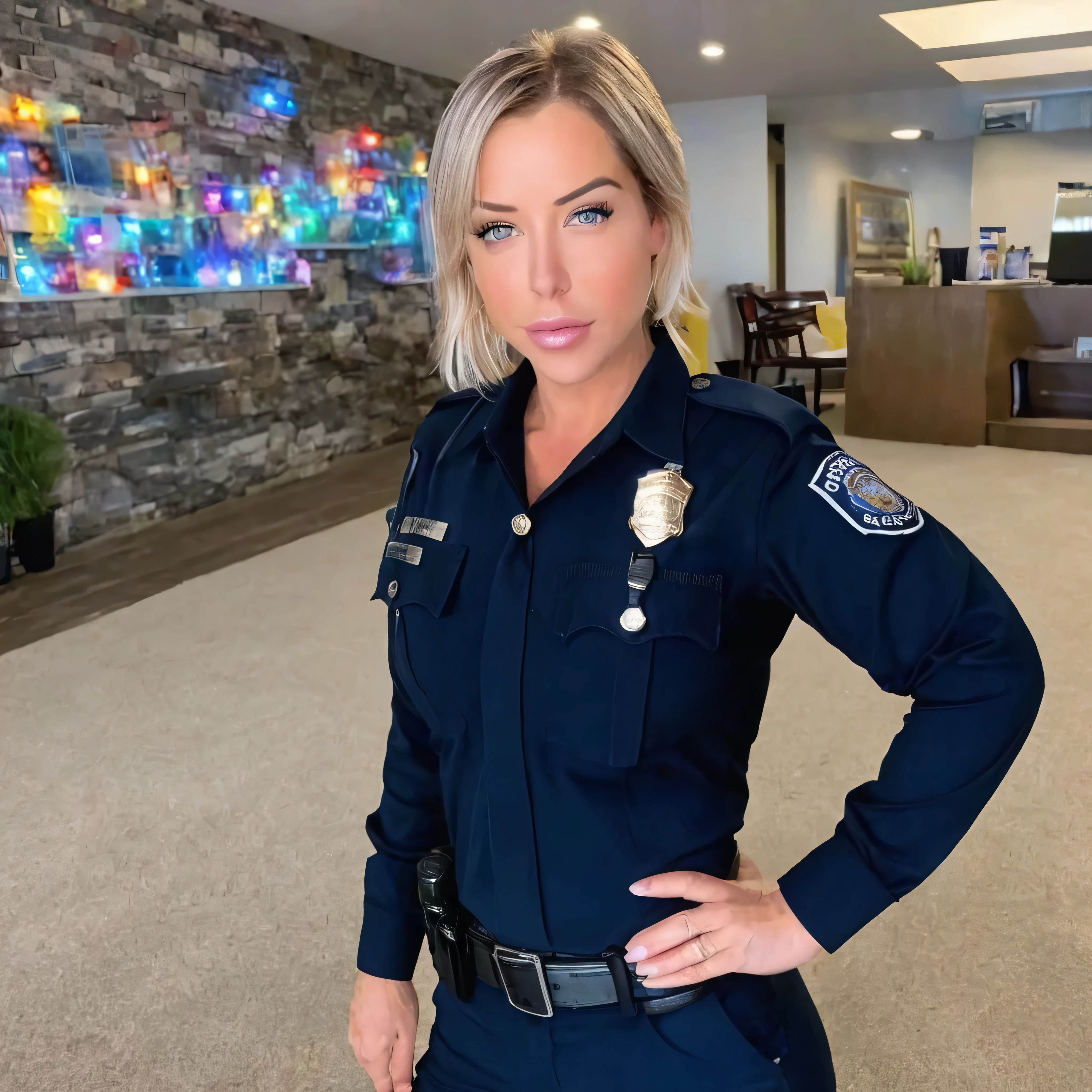 Laurence bedard in a police uniform holding a cell phone, wearing a police uniform, police officer, police lights shine on her face, brave police j decker face, officer, bodycam, police uniform, full body camera shot, in black uniform, bodycam footage, sparkling-eyes, perfect-eyes, full-lips, perfect-lips, stunningly-beautiful, high-saturation, 35mm-raw-photo, dynamic-composition, intense-expressions, police officer hit, (brave police j decker), cop, police
