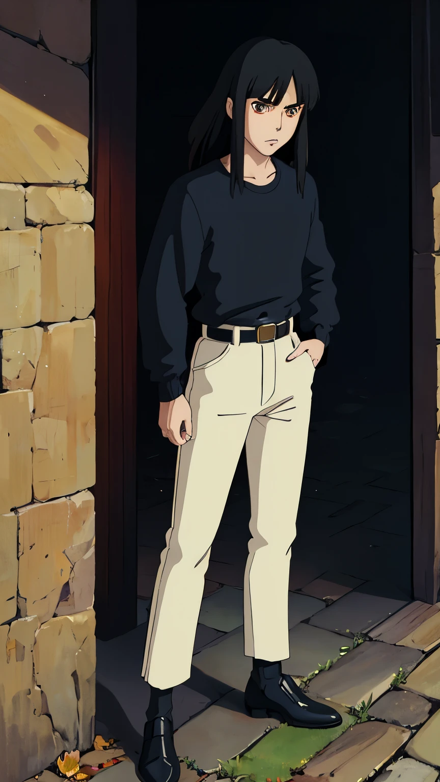 (ghibli style), masculino, cabello largo negro, zombie, pechos medianos, Sweater, Loose belt, Falda apretada, medias, tacones de aguja, fondo de pantalla, piel blanca, Figura delgada, amber eyes, rich kid vibes, elegante,