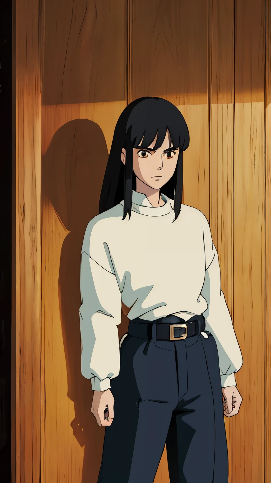 (ghibli style), masculino, cabello largo negro, zombie, pechos medianos, Sweater, Loose belt, Falda apretada, medias, tacones de aguja, fondo de pantalla, piel blanca, Figura delgada, amber eyes, rich kid vibes, elegante,