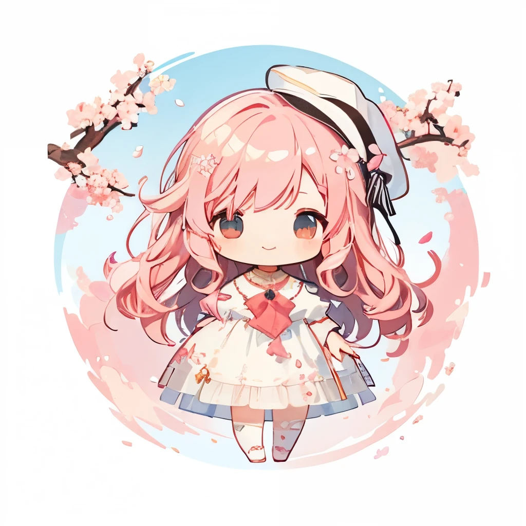 transparent watercolor、girl、Jewel Eyes、Beautiful arrangements and motifs、Depth of bounds written、flat avatar, 1girl, Smile, light pink hair((medium hair、wavy hair)), hair with white tips, pink mesh hair、Fashionable Design Clothing((pink and white)),background white、cherry blossom petals, Cute Girl, modest dress clothing, cherry blossom tights