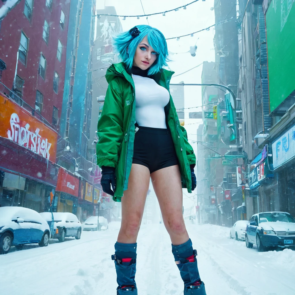 best quality,ultra high res,1girl,solo,full body,snow,city,, blue hair,green eyes,jk, titfuck futurama