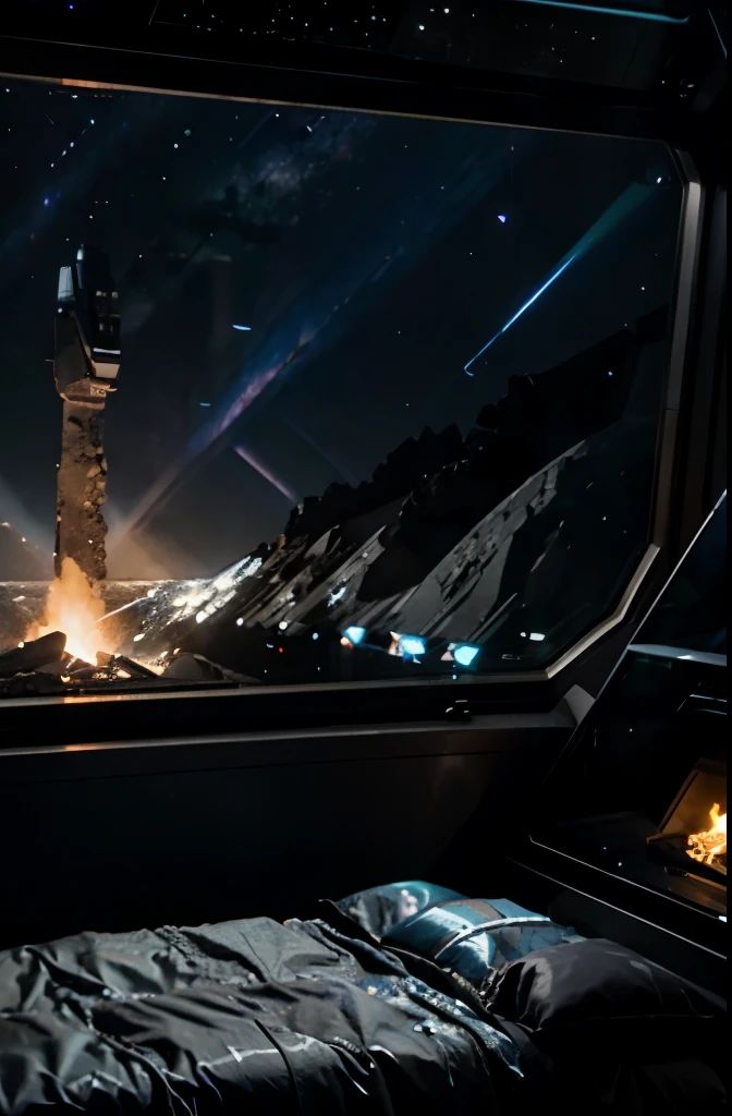 a view OF  FUTURISTIC SPACE STATION from interior glass of a cozy SPACE STATION bedroom  WITH FIREPLACE AND EQUIPMENT on an asteroid LOOKING OUT TO SPACE