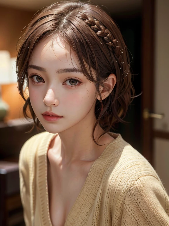 (photograph:1.2)、(Realistic:1.3)、(masterpiece:1.3)、(Best image quality:1.4)、（The camera angle is a close-up of the face:1.５）超High resolution、(Fine grain)、(Detailed facial features)、(Detailed clothing features)、8K resolution、Focus Only、３６Mature woman of age、Small face、No makeup、Beautiful eyes with attention to detail、bangs、Dark brown hair、Braided hair、(Realistic Skin)、Beautiful Skin、Charm、超High resolution、Ultra-realistic、High resolution、Open red cardigan,、Small breasts、Bust B cup、Small breasts、Cool Beauty、Room Background、Cinema Lighting、perfection、Soft Light、High resolutionスキン:1.2、Realistic Skin texture、Small face、No makeup、Bust B cup、Beautiful brown eyes in every detail、short hair、Dark brown hair、Cool Beauty、
information
