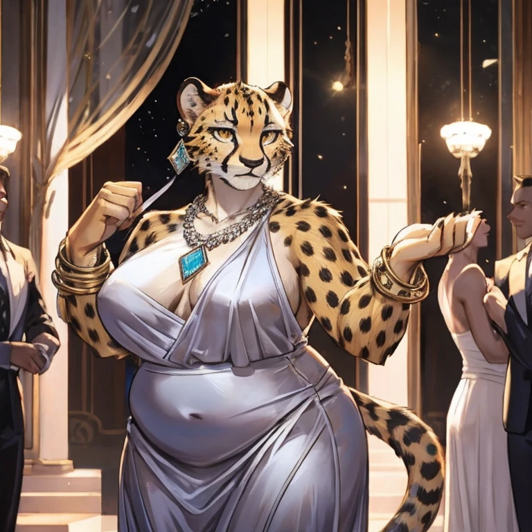 fat female cheetah, silver bracelets, silver necklace, silver earrings, silver dress, gala party, golden eyes, no hair