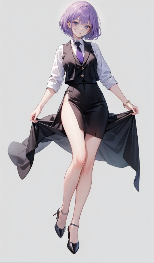 ((Perfect Face)),Purple Hair,Very short hair,1 female,,Black vest,Roll up your sleevesＹshirt,tie,slit,High heels,,((Simple Background)),smile,((Full Body)),((full body)),