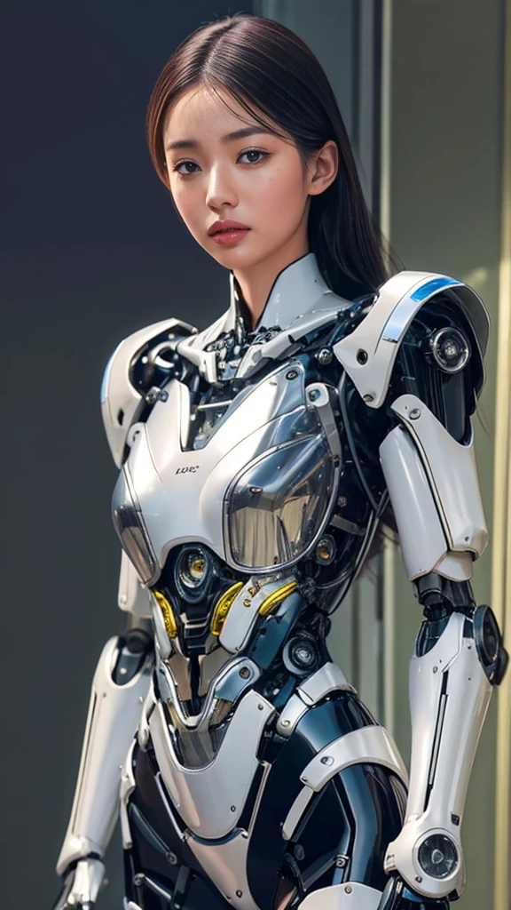{{best quality, 1080P, Masterpiece, Ultra high resolution, photorealistic photo, ultra realism, Realistic skin texture, Extreme skin detail, DSLR, Detailed eyes, Facing the camera, very beautiful face, Concise facial structure, Pale skin, Realistic skin texture, Extreme skin detail, oc render reflection textures, Realistic light and shadow, Single picture, alone, The body is slim and balanced., Age 20, Height 165, naked girl, nude, no underwear, beautiful breasts, A girl with the body of a mechanical robot., Transparent futuristic black glass mech armor suit, The mechanical cervix is attached to the neck., The robot circuit is stuck in the middle of the back., flat stomach, perfect robot arm, perfect robot legs, full body view, Whole body photo.}}