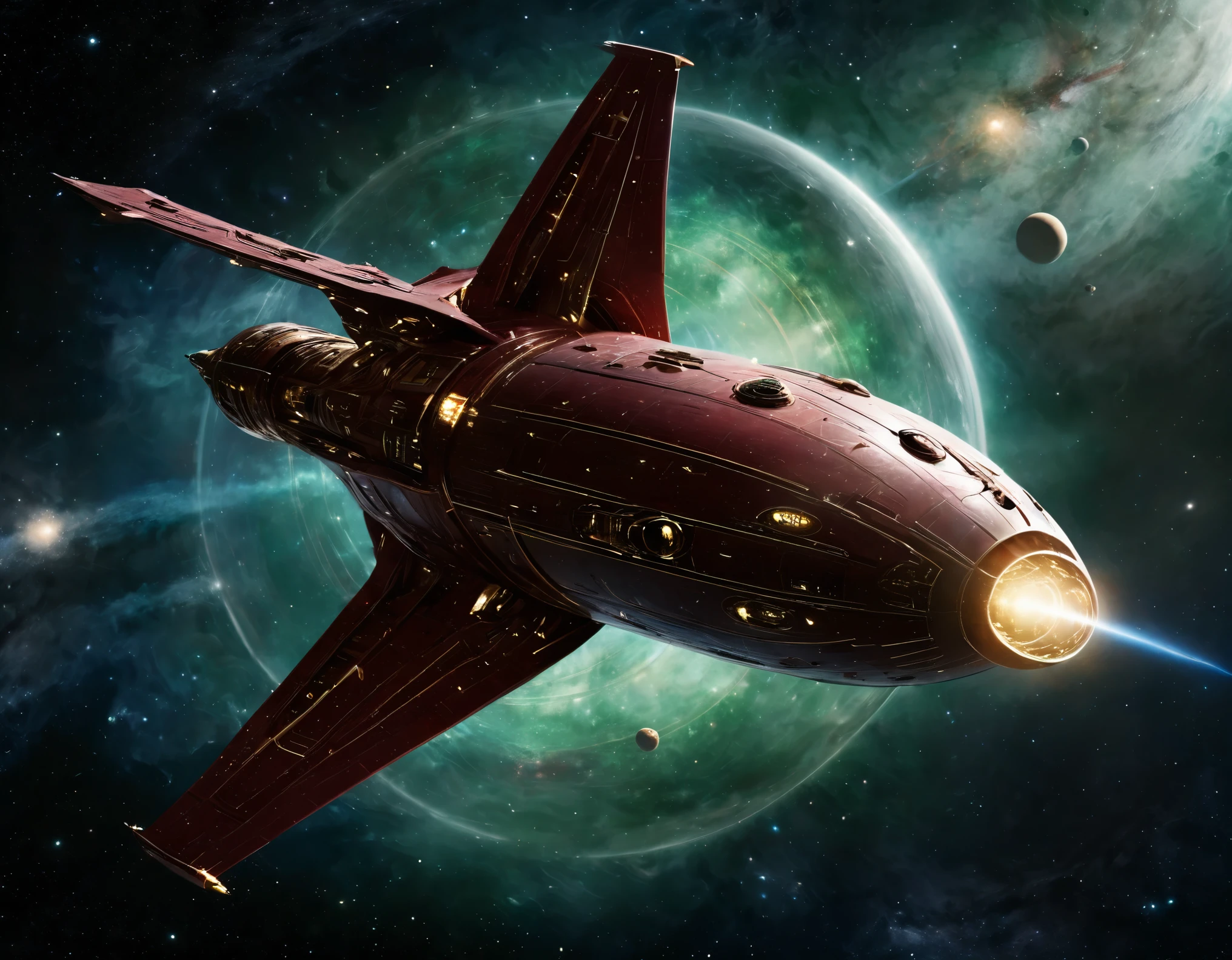 A sophisticated starship traveling through space, set against a gradient backdrop from dark green to red, speckled with stars. The ship’s design boasts a circular front, a streamlined body, and nacelles, with intricate paneling and lights highlighting its advanced technology