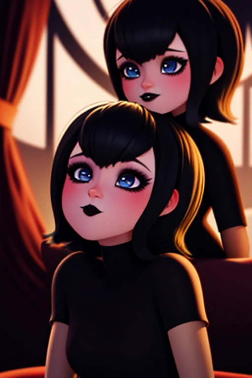 Primer plano de mavis, solo , gestos de ira, boca aberta, mostrar colmillos puntiagudos ,ojos azules , labios carnosos negros ,full HD  , gothic makeup short hair bob style 
