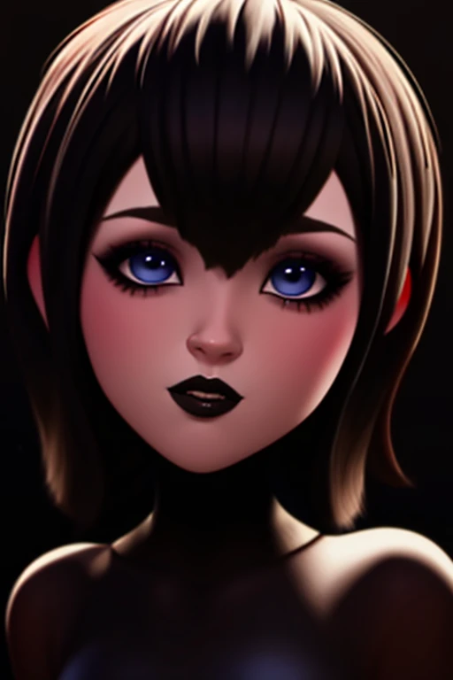 Primer plano de mavis, solo , gestos de ira, boca aberta, mostrar colmillos puntiagudos ,ojos azules , labios carnosos negros ,full HD , gothic makeup short hair bob style