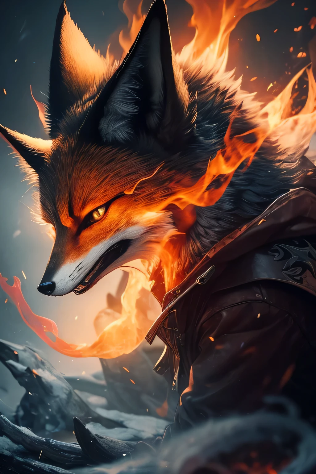 Fox Demon,animal，Down Jackets,Foxfire Curse,Familiar fox,Dreamy atmosphere,The most beautiful form of chaos,Perfect profile，masterpiece,Perfect lighting,Charming smile，grace，Handsome，Flames on the collar of the jacket，A hand casting flames，