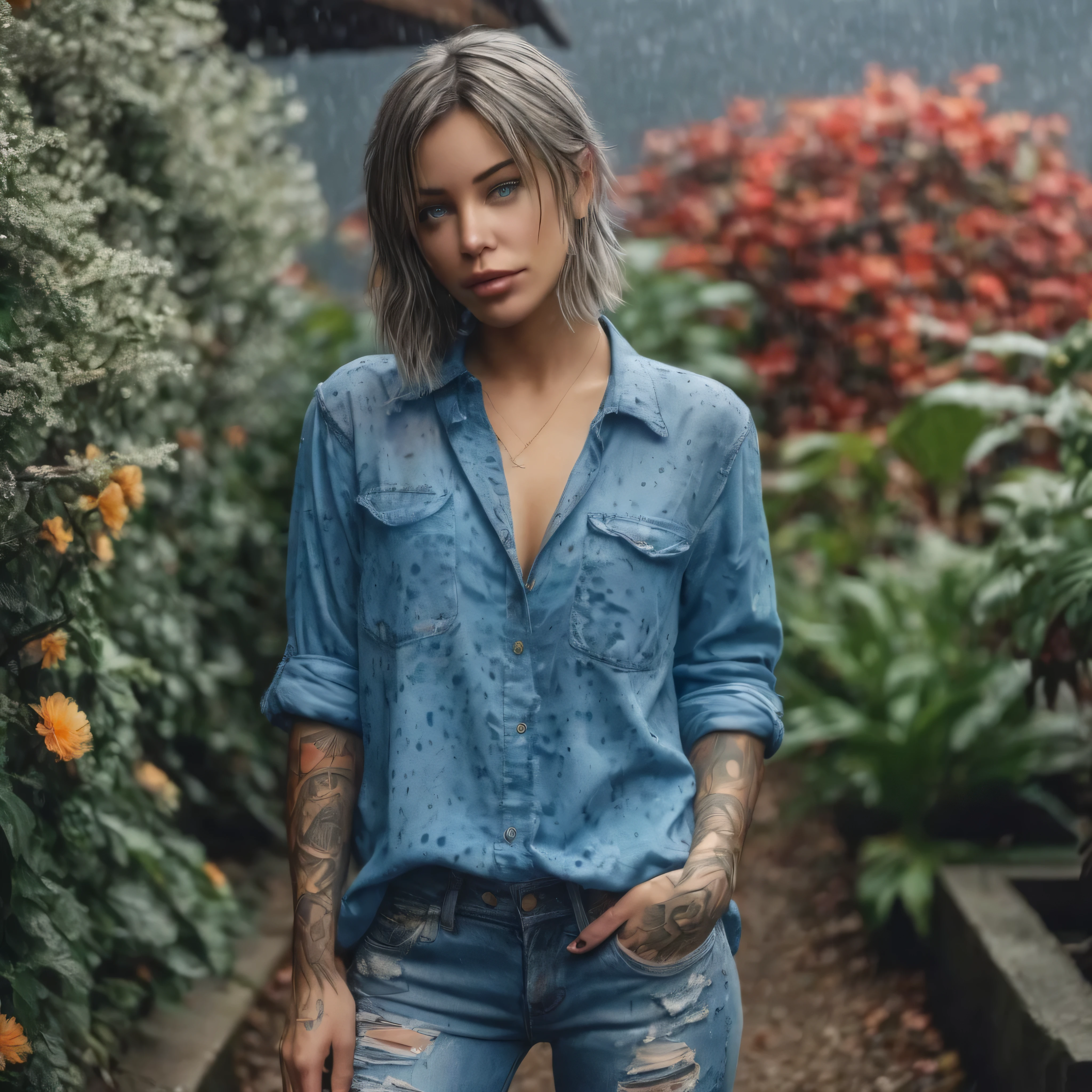 (MASTERPIECE, BEST QUALITY:1.2), 8K,, full-body image of female laurence bedard (Age 20) dressed in wet T-shirt and ripped jeans. Extras: perfect-eyes, bright-irises, captivating-gaze, expressive-eyes, perfect-lips, perfect-anatomy, stunningly-beautiful, high-saturation, 35mm-raw-photo. She has blue eyes and a grey-dark-roots hair style. And is in a garden. And she is standing in the rain