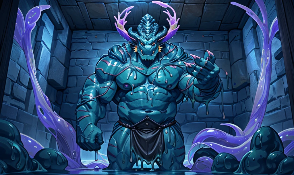 (masterpiece, best quality:1.2), alone, (muscular), (Male human dragon):1.3, Pure midnight green body, (Kamimei):1.3, (Common:1.4) (prayer):1.23, full body, (slime demon), slime skin, water like skin, (Wearing a short black loincloth), delicate eyes, his trunk is a long tentacle, his trunk is a huge tentacle, A pair of dragon horns, no dragon wings, (delicate eyes, stripe, sharp claws), Cute animal claws, Fluid spilled all over the body, full body, Air leakage in lower body, Liquid leaking from the lower body, Milk spilled all over the floor, glowing eyes):1.1, (inside the room:1.35), looking into camera, Detailed background, realistically, realistic hand, 8k high dynamic range, dark shadow, wide dynamic range，high dynamic range，emphasize：1.2）