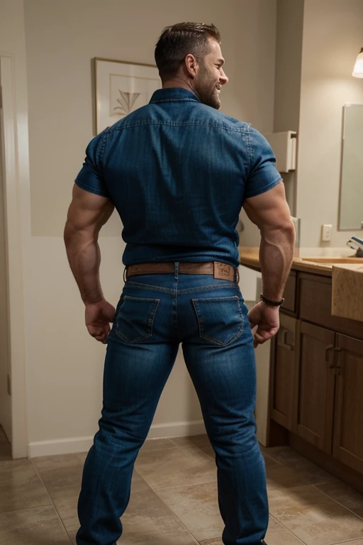 Award-winning original photoen, 30 years old man and wild muscular man, 40 years old, short beards, burly, hunk, wearing shirts, smilling happil, detailed, lovely, (((full body))), jeans (((backside)))