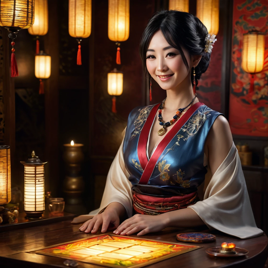 top quality, masterpiece, hi-res, 1 woman, 35 years old, Japanese, western style fortune teller outfit, hair ornament, necklace, jewelry, beautiful face, calm smile, upon_body, Tyndall effect, photorealistic, divination room, candles on table, tarot cards, rim lighting, two tone Lighting, (High Definition Skin:1.2), 8k uhd, DSLR, soft lighting, high quality, volumetric lighting, candid, photography, high resolution, 4k, 8k, bokeh
