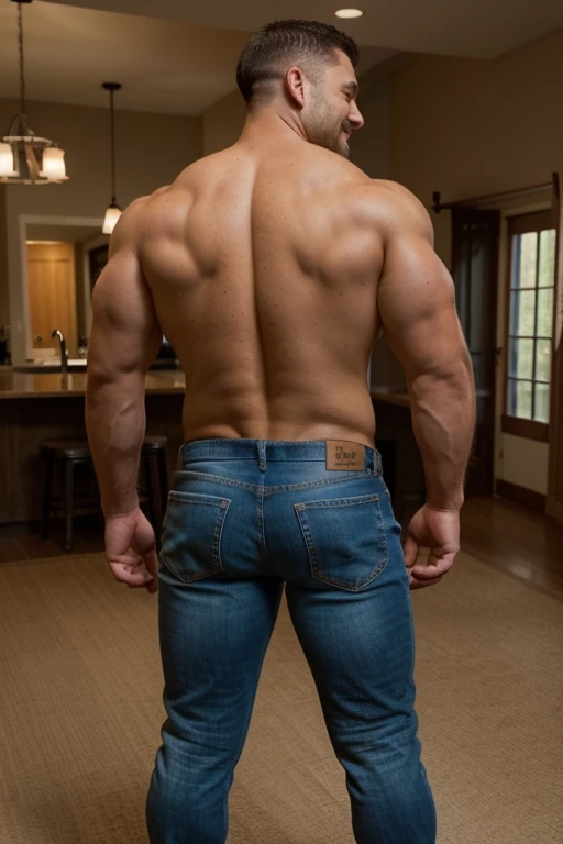 Award-winning original photoen, 30 years old man and wild muscular man, 40 years old, short beards, burly, hunk, wearing shirts, smilling happil, detailed, lovely, (((full body))), jeans (((backside)))