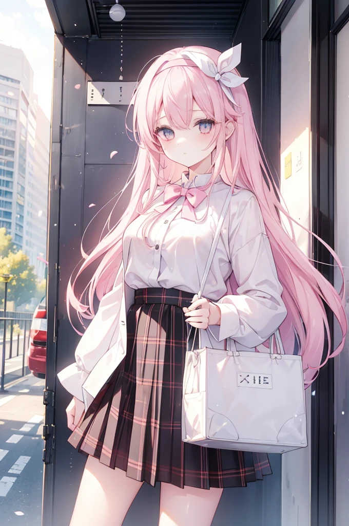 1girl,Colorful eyes, long light pink hair, wearing a headband, wearing white clothes, a black and white plaid pleated skirt, holding a cup of pearl milk tea in her right hand, surrounded by tall buildings,bright golden sunlight, 8k, looking at viewer