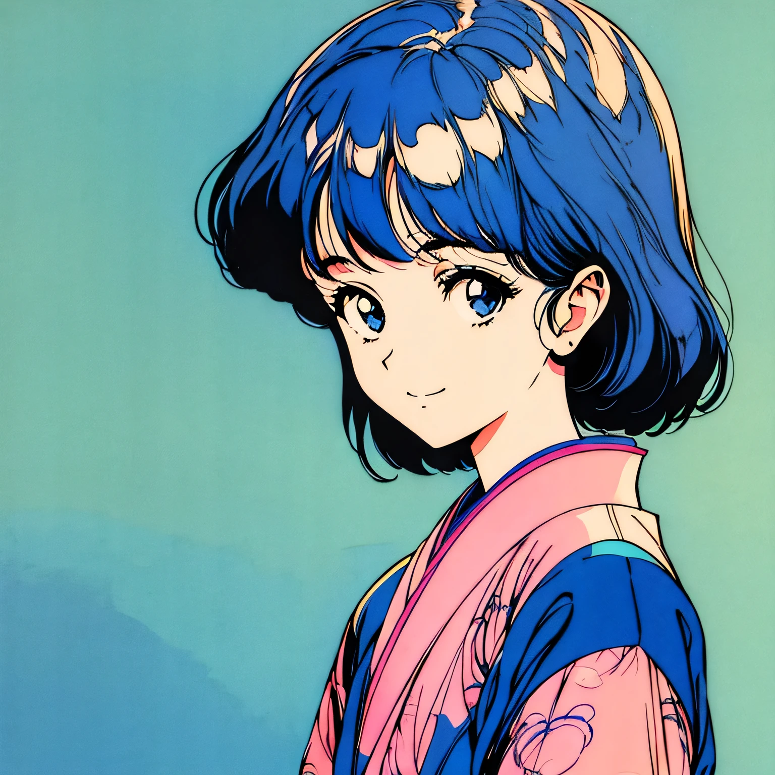 master piece, Kyoto style, Blue Hair, Japanese, fluffy bob cut, wearing kimono, shoulder length, alone, single person, Futuristic, yet, lofi, retro, vintage, light smile