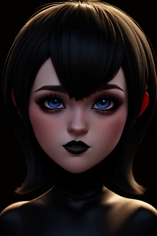 Primer plano de mavis, solo , gestos de ira, boca aberta, mostrar colmillos puntiagudos ,ojos azules , labios carnosos negros ,full HD , gothic makeup short hair bob style