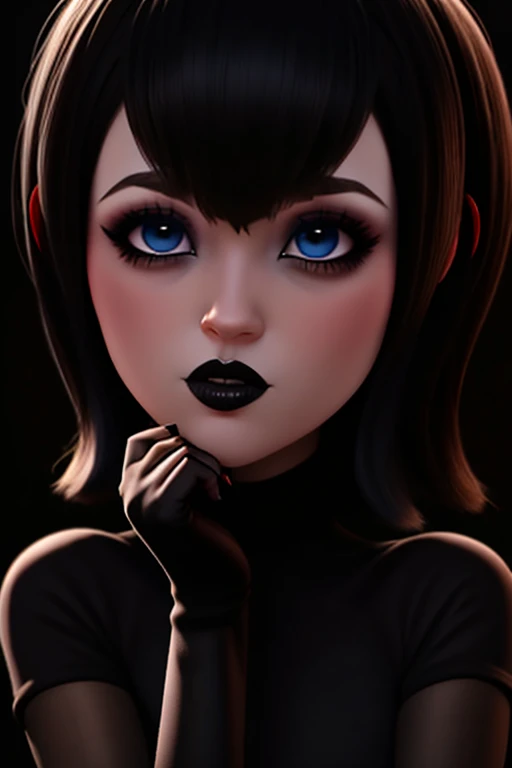 Primer plano de mavis, solo , gestos de ira, boca aberta, mostrar colmillos puntiagudos ,ojos azules , labios carnosos negros ,full HD , gothic makeup short hair bob style
