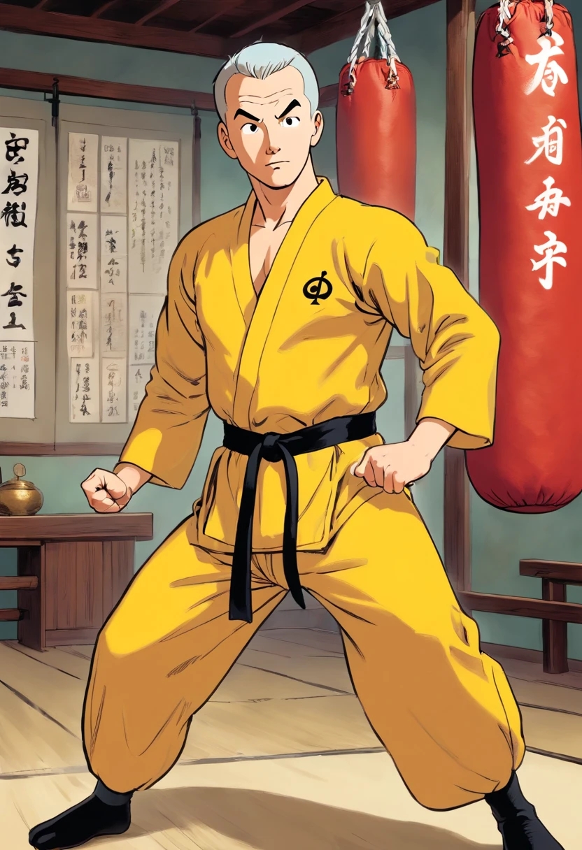 Tintin, 50 years old male wearing Bruce Lee jumpsuit, slick and neat short gray hair, boxing pose, in a tradisional Japanese dojo, european comics