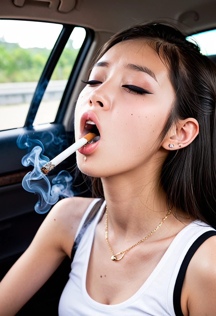 a japanese teen girl smoking cigarettes very fast, sucking extremely hard on cigarette, the cigarette ash is growing very long, piercings, very skinny, huge breasts, pain, in a car, teenager, in high school, smoke in mouth, deep inhale, lots of cigarette ash, ash everywhere, agony and fear, intense drag, cheek hollowing drag, deeply inhaling smoke