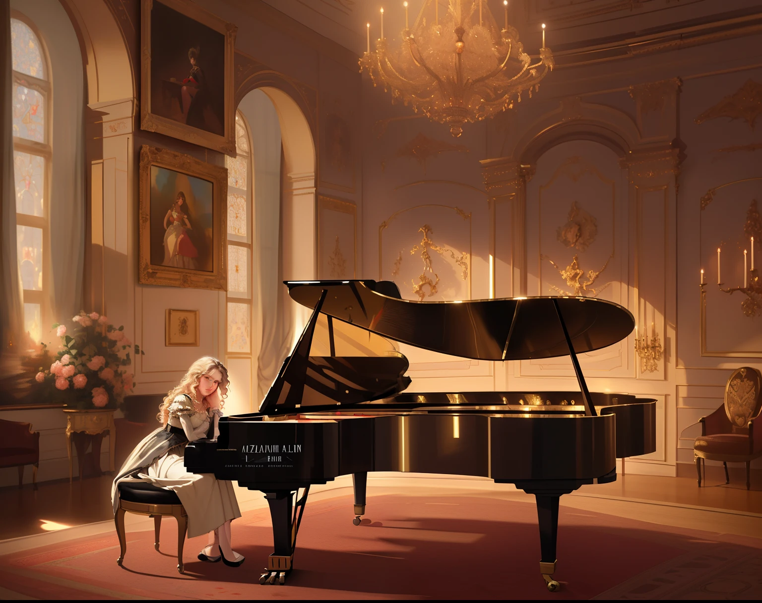 A woman sitting at a piano in a large room, Romantic painting, pianist, By Emil Rahner, Romantic period painting, Lieutenant Antoni Palamedes, Romanticism painting, Borregov, Classical works of art, Nice atmosphere, Virtuoso paintings, Grand piano, ( ( Konstantin Razumov ) ), Inspired by Delphine Enjolras