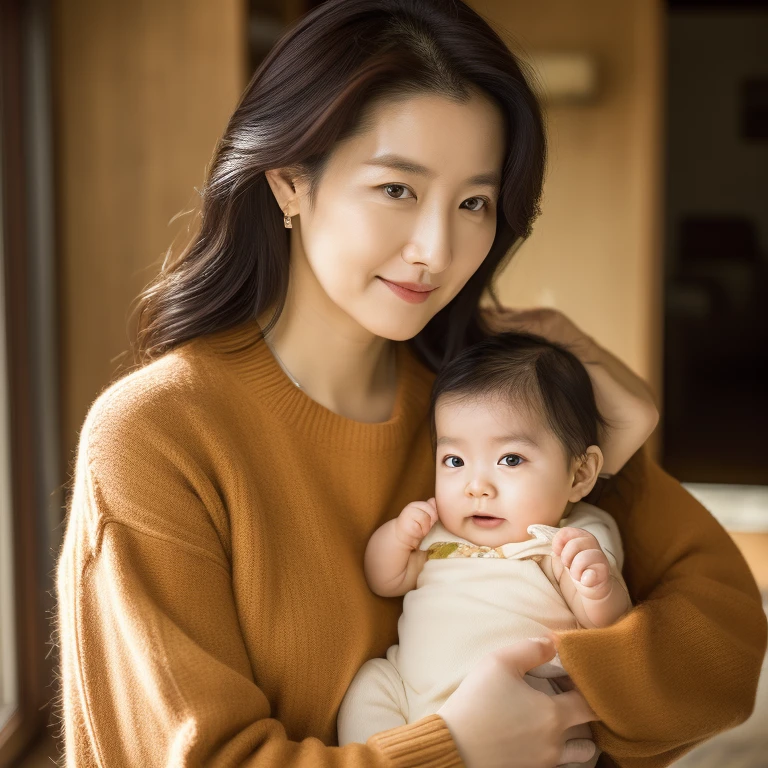 A beautiful Korean woman, Lee Young-ae, holding her 0 daughter,highly detailed face, high quality photograph, natural lighting, warm color tones, cozy home interior, photo-realistic, cinematic composition, masterpiece, 8k, ultra-detailed