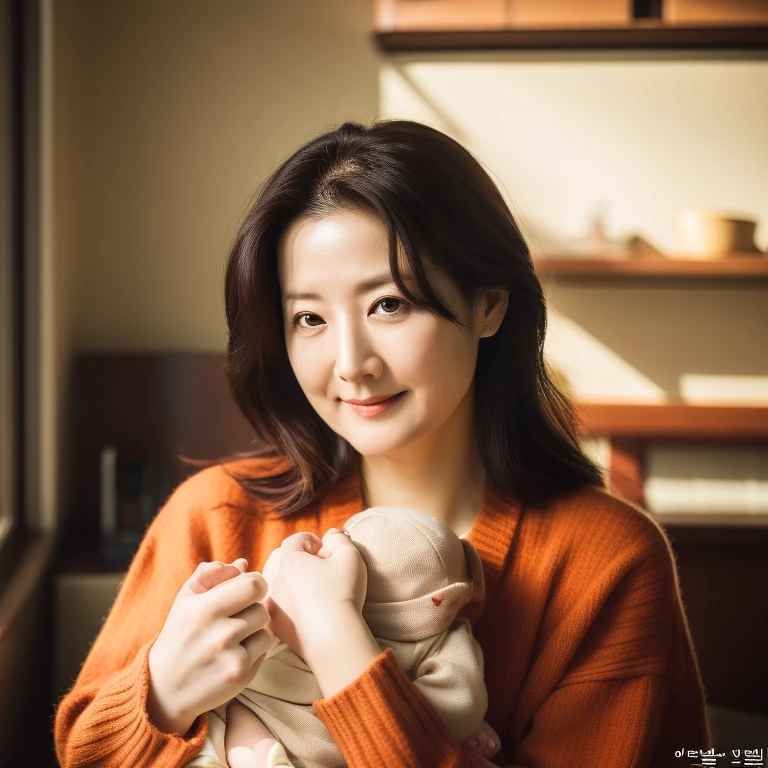 A beautiful Korean woman, Lee Young-ae, holding her 0 year old baby daughter,highly detailed face, high quality photograph, natural lighting, warm color tones, cozy home interior, photo-realistic, cinematic composition, masterpiece, 8k, ultra-detailed