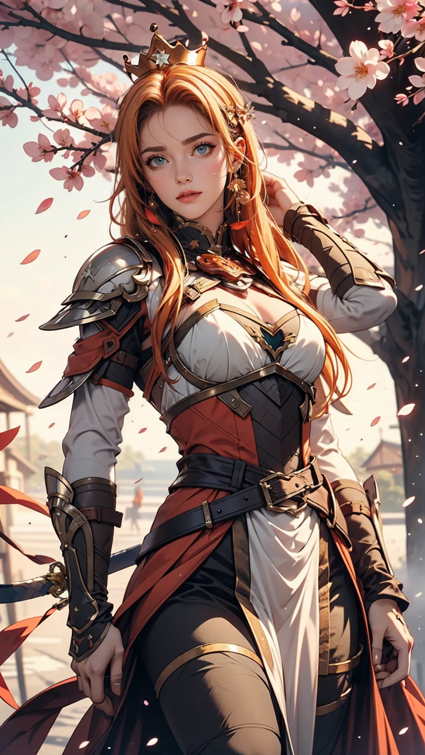 Asuna, ((masterpiece)), High resolution, Asuna (star), Crown Blade, Bright orange hair, armor, cherry blossoms, Dutch Angle