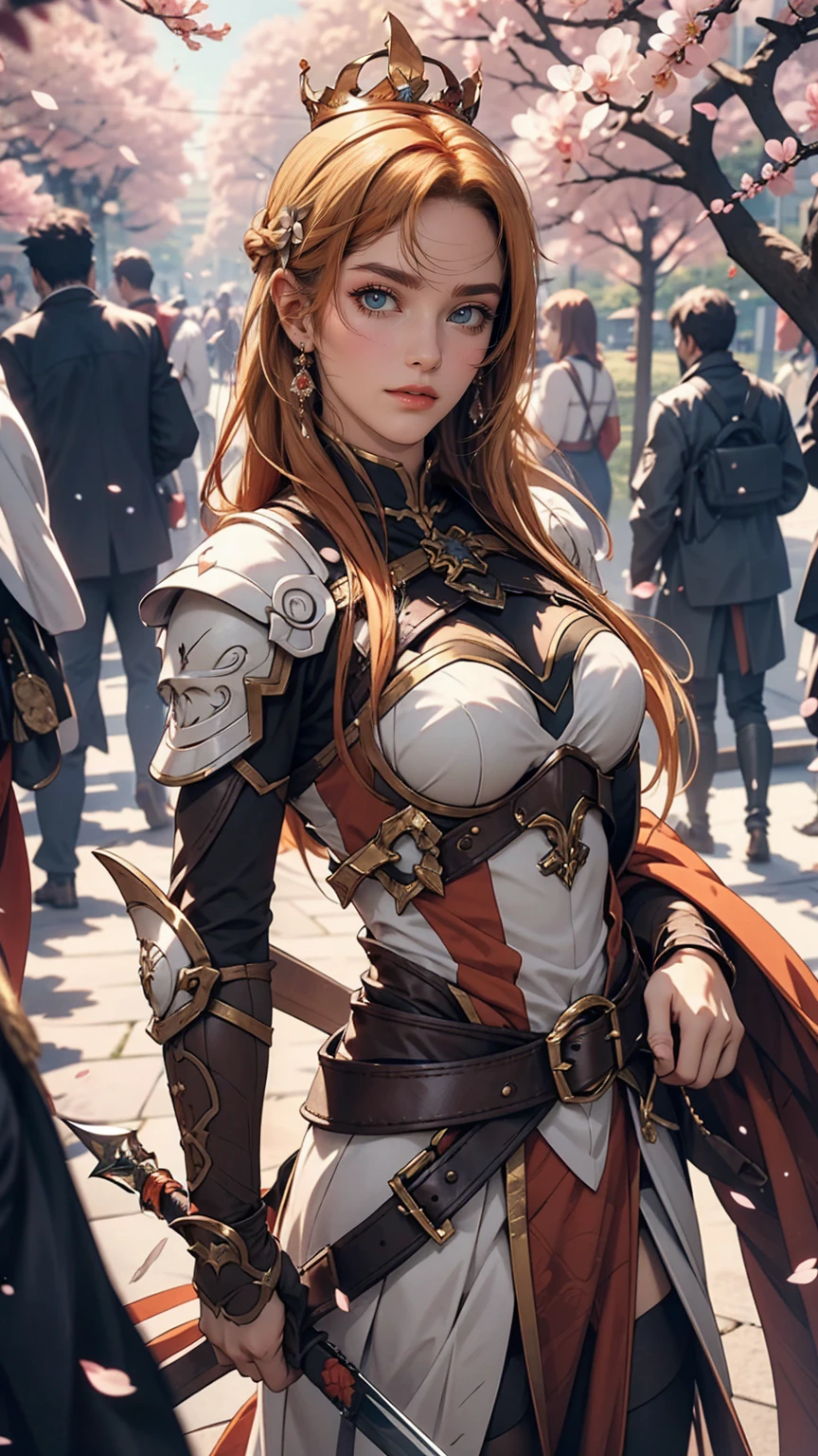 Asuna, ((masterpiece)), High resolution, Asuna (star), Crown Blade, Bright orange hair, armor, cherry blossoms, Dutch Angle