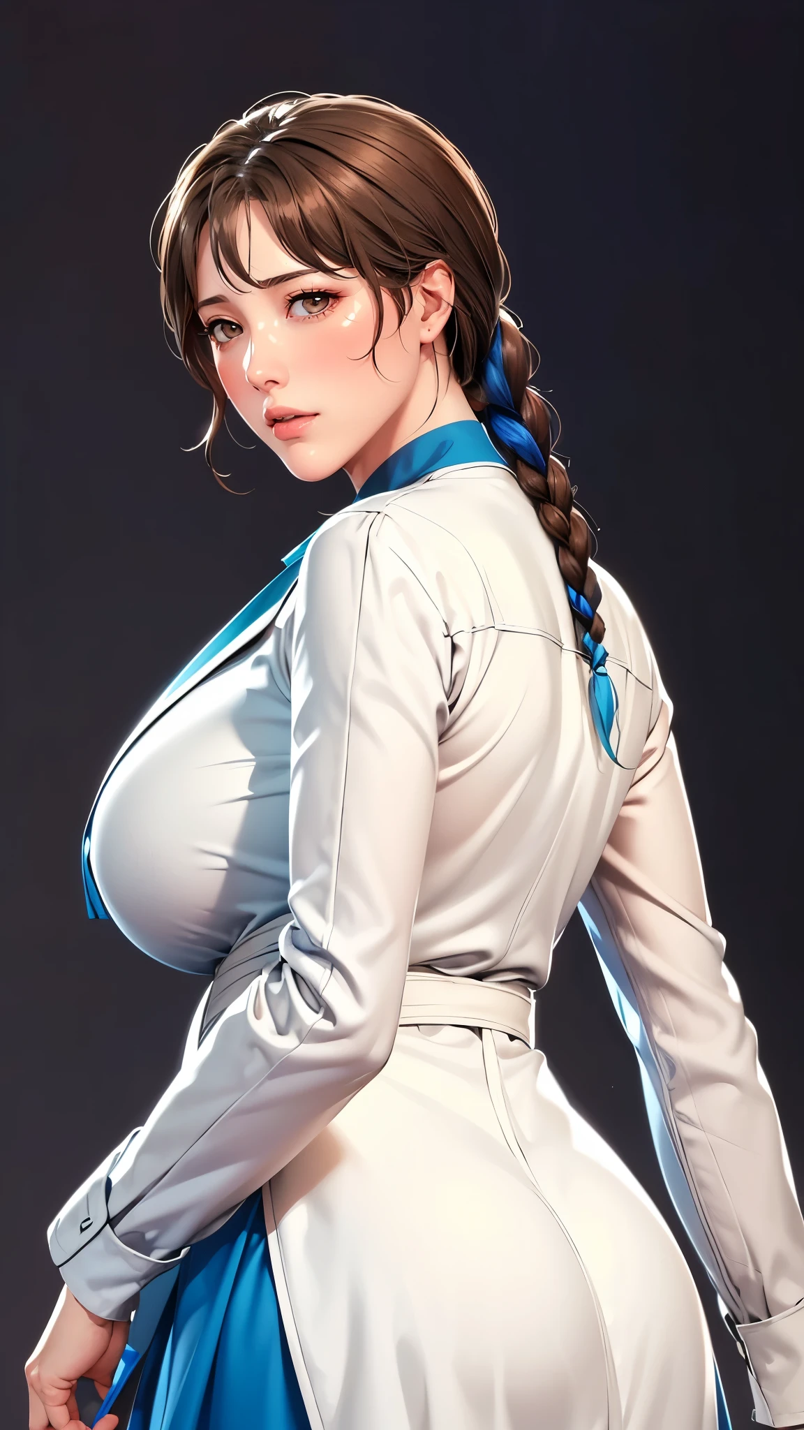 （（（完美number，number，Solitary， White and tender skin，（（（Cyberpunk，Blue Dress，White loose coat，Long-sleeved coat，））），（（（brown eyes, braid, long hair, braided ponytail, single braid, hair over shoulder, bangs, blush, lips)),high resolution, ((Best quality at best))，masterpiece，quality，Best quality，（（（ Exquisite facial features，looking at the audience,There is light in the eyes，(（（open mouth，Part your lips））），型number:1.7））），（（（light and shadow，Huge breasts））），（（（Looking at the camera，black background，)）））