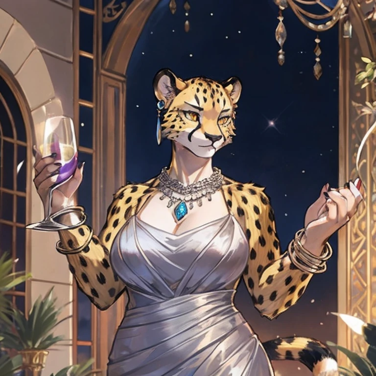 fat female cheetah, silver bracelets, silver necklace, silver earrings, silver dress, gala party, golden eyes, no hair, really tall about 9'5"