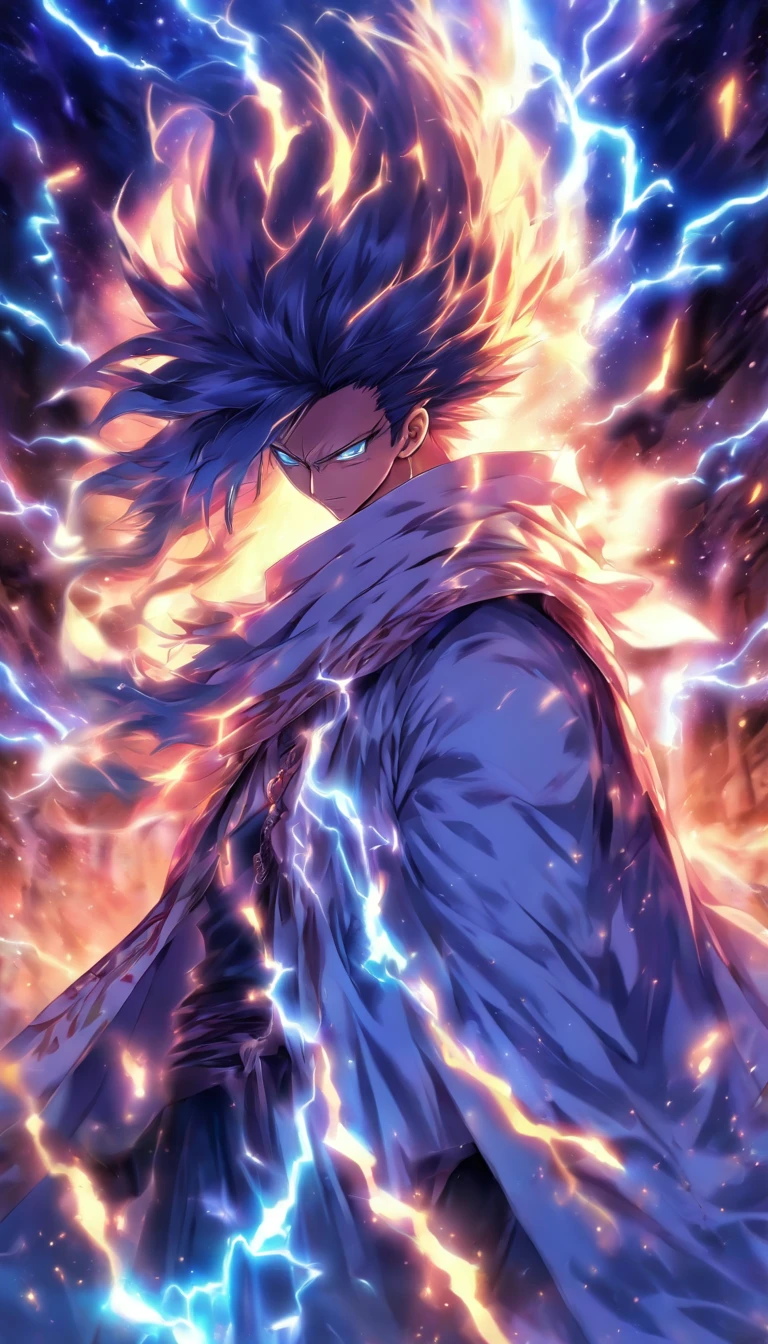 A handsome anime boy,Long flowing hair,White robe,Melancholy eyes,Unhappy,In the valley,A bleak wasteland,steins,Black magic,The background is night,dark cloude,with lightning,Faraway view,