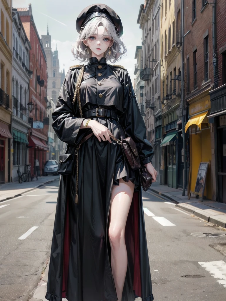 whole body, beret, skirt, military uniform, equip lances, absurdres, RAW photo, extremely delicate and beautiful, masterpiece, Best Quality, ultra high resolution, 32k, hyperrealistic, ultra-detailed, perfect figure, perfect shape, detailed description, pale skin, 20 years old, detailed beautiful face and eyes, tearful mole, earring, short medium hair, wavy hair,
