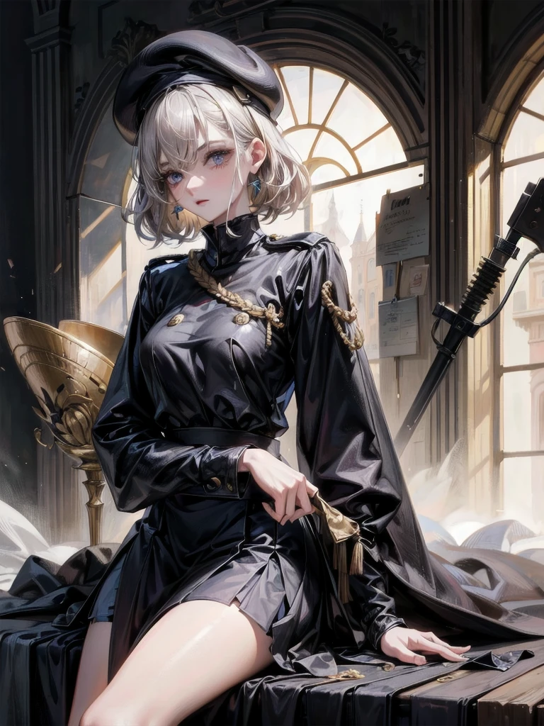 whole body, beret, skirt, military uniform, equip lances, absurdres, RAW photo, extremely delicate and beautiful, masterpiece, Best Quality, ultra high resolution, 32k, hyperrealistic, ultra-detailed, perfect figure, perfect shape, detailed description, pale skin, 20 years old, detailed beautiful face and eyes, tearful mole, earring, short medium hair, wavy hair,