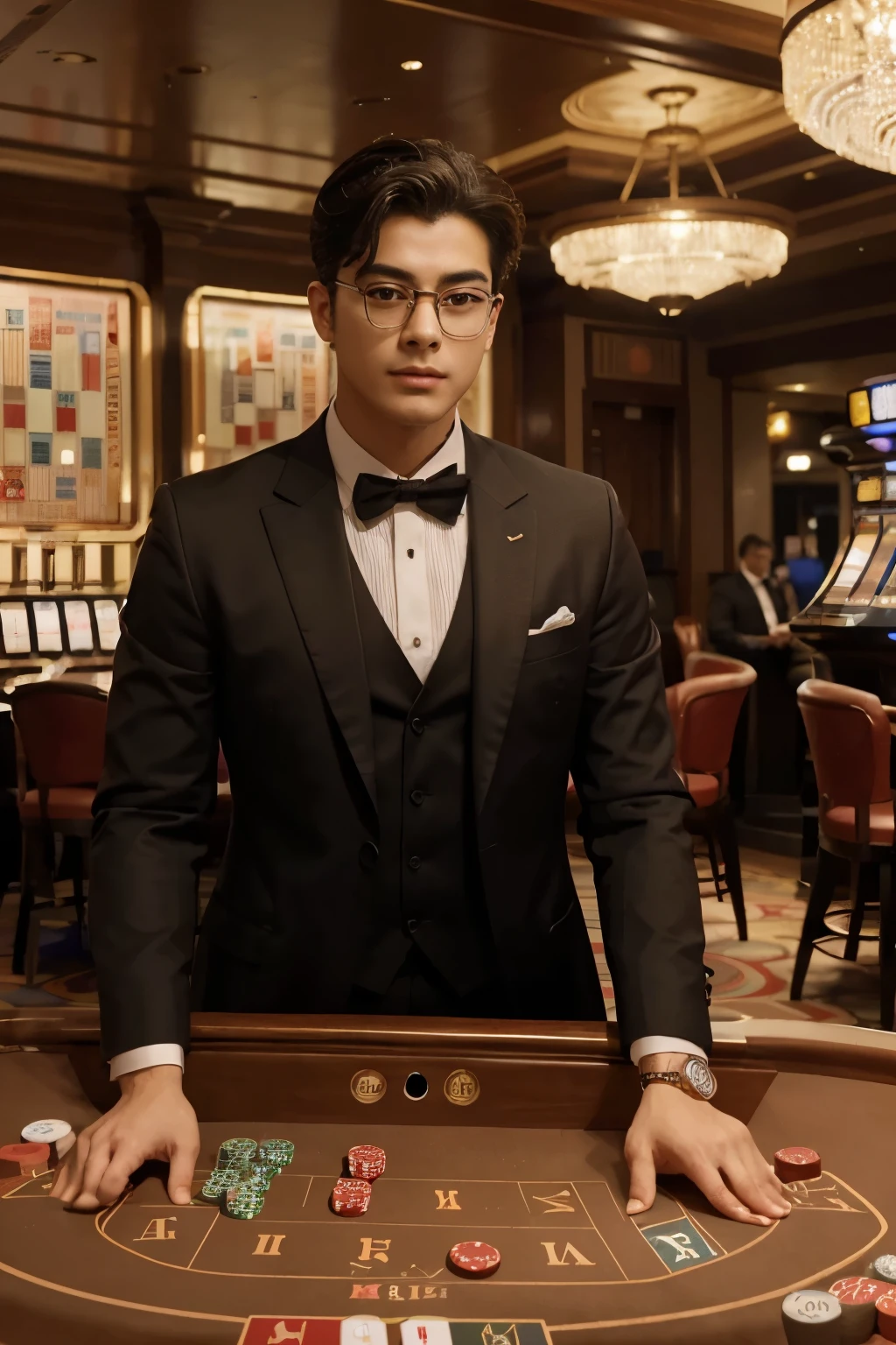 (obra maestra), (mejor calidad), (ultra detallado),(pelo despeinado),(ILLUSTRATION), hombre, cha eunwoo, eunwoo astro, hombre en traje, casino, cartas, barajas, billar, apostar, casino