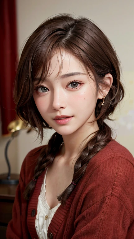 (photograph:1.2)、(Realistic:1.3)、(masterpiece:1.3)、(Best image quality:1.4)、(The camera angle is a close-up of the face:1.5)超High resolution、(Fine grain)、(Detailed facial features)、(Detailed clothing features)、8K resolution、Focus Only、36Mature woman of age、Small face、No makeup、Beautiful eyes with attention to detail、bangs、Dark brown hair、Braided hair、(Realistic Skin)、Beautiful Skin、Charm、超High resolution、Ultra-realistic、High resolution、(Open red cardigan1:1)、Small breasts、Bust B cup、(A happy smile)、Room Background、Cinema Lighting、perfection、Soft Light、High resolutionスキン:1.2、Realistic Skin texture、Small face、No makeup、Bust B cup、Beautiful brown eyes in every detail、short hair、Dark brown hair、Cool Beauty、 information