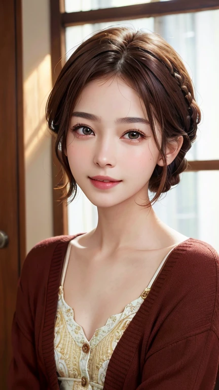 (photograph:1.2)、(Realistic:1.3)、(masterpiece:1.3)、(Best image quality:1.4)、(The camera angle is a close-up of the face:1.5)超High resolution、(Fine grain)、(Detailed facial features)、(Detailed clothing features)、8K resolution、Focus Only、36Mature woman of age、Small face、No makeup、Beautiful eyes with attention to detail、bangs、Dark brown hair、Braided hair、(Realistic Skin)、Beautiful Skin、Charm、超High resolution、Ultra-realistic、High resolution、(Open red cardigan1:1)、Small breasts、Bust B cup、(A happy smile)、Room Background、Cinema Lighting、perfection、Soft Light、High resolutionスキン:1.2、Realistic Skin texture、Small face、No makeup、Bust B cup、Beautiful brown eyes in every detail、short hair、Dark brown hair、Cool Beauty、 information