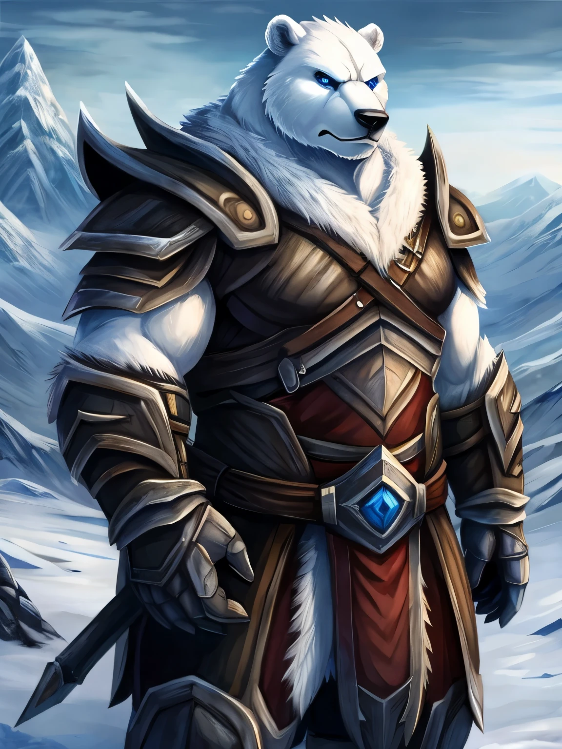 male, white bear, fat, muscular, stocky, blue anime eyes, barbarian armor, arctic landscape, blizzard, stern expression, standing guard