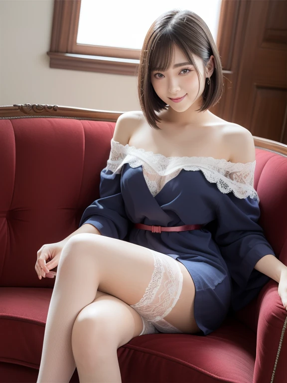 (Best quality: 1.5), (Realistic: 1.5), (1 person: 1.5), (Medium shot: 1.5), Highly detailed, High resolution, 8k, Medium breasts, Natural colored lips, Cute smile, Japanese woman, 20-year-old girl, beautiful and elegant features, perfect and beautiful face, large eyes with good balance between the left and right sides, brunette eyes, beautiful and elegant features, beautiful double eyelids, natural bangs, beautiful thin nose, Beautiful skin, fair skin, (medium bob hair), natural bangs, perfect and beautiful face, slim face and figure, (looks at the camera with a sweet smile), bright lighting, professional lighting, forward lighting, (wearing off-shoulder dress with lace), the finest dress, (micro miniskirt dress with lace) , ((garter belt)), knee-length lace stockings with lace, girl relaxing sitting on a luxury sofa, I-type Valley, cleavage,