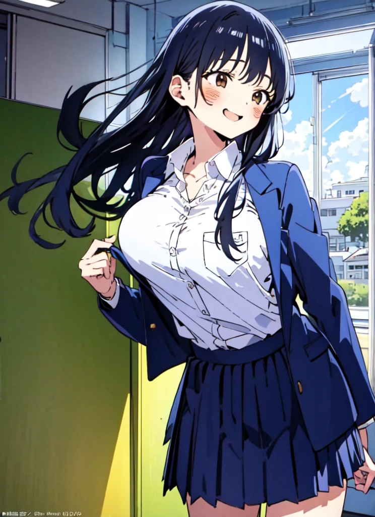 masterpiece, 8k, Super detailed, Anna Yamada, Brown eyes, Long Hair, Long sleeve, shirt, Blue jacket, Open clothes, large 胸, , One girl, blue skirt, skirt, Black Hair, pleated skirt, blazer, blush, white shirt, collared shirt, alone, Trending on Art Station, whole body, School classroom, Wind, smile, blush, Anime screenshots, miniskirt, Browsing Caution, ((Big Breasts)), , ((Powerful laughter))
