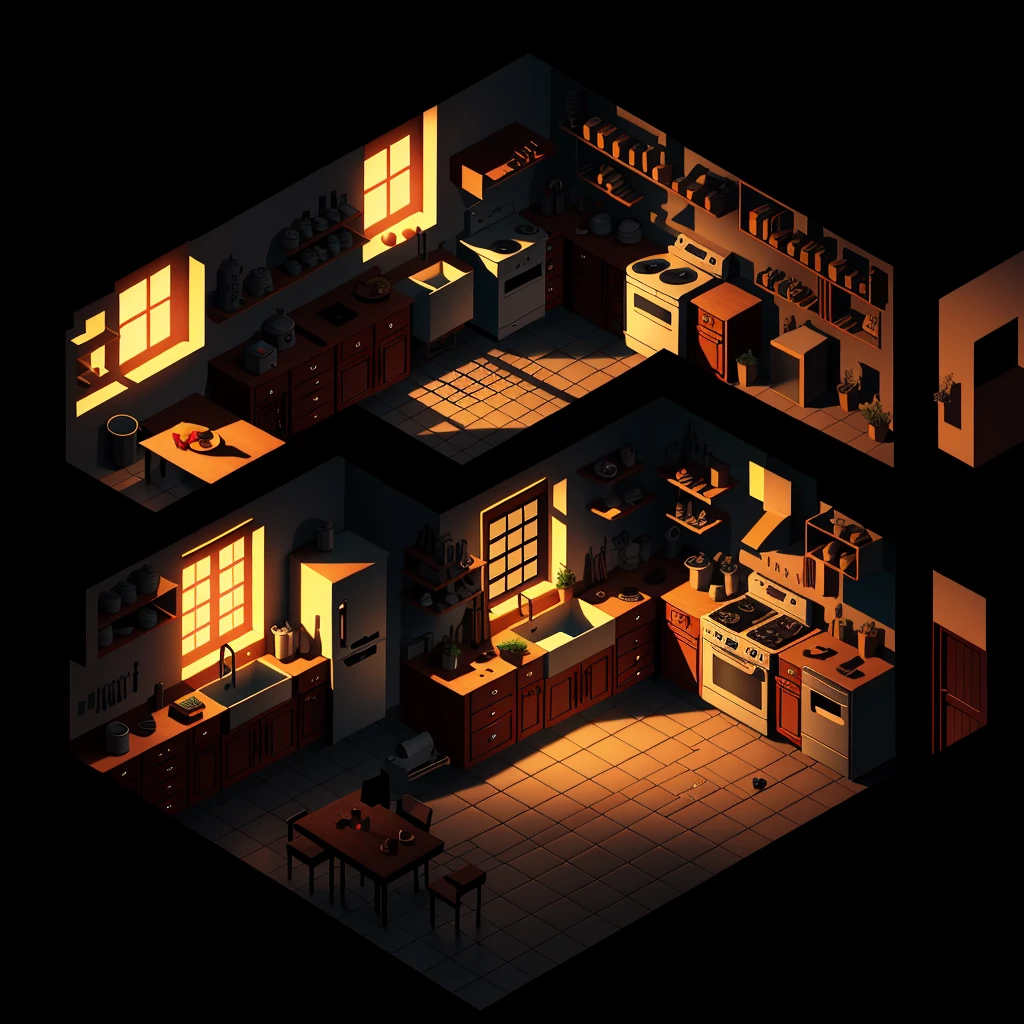 isometric render of the kitchen interior of a scary village house at dusk game art