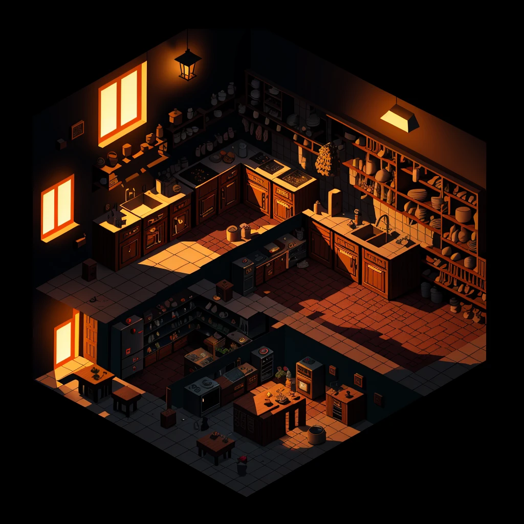 isometric render of the kitchen interior of a scary village house at dusk game art