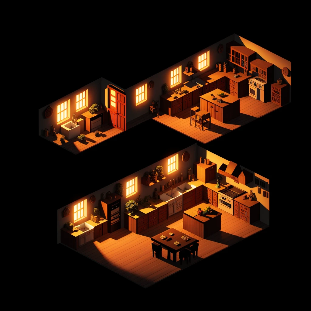 isometric render of the kitchen interior of a scary village house at dusk game art