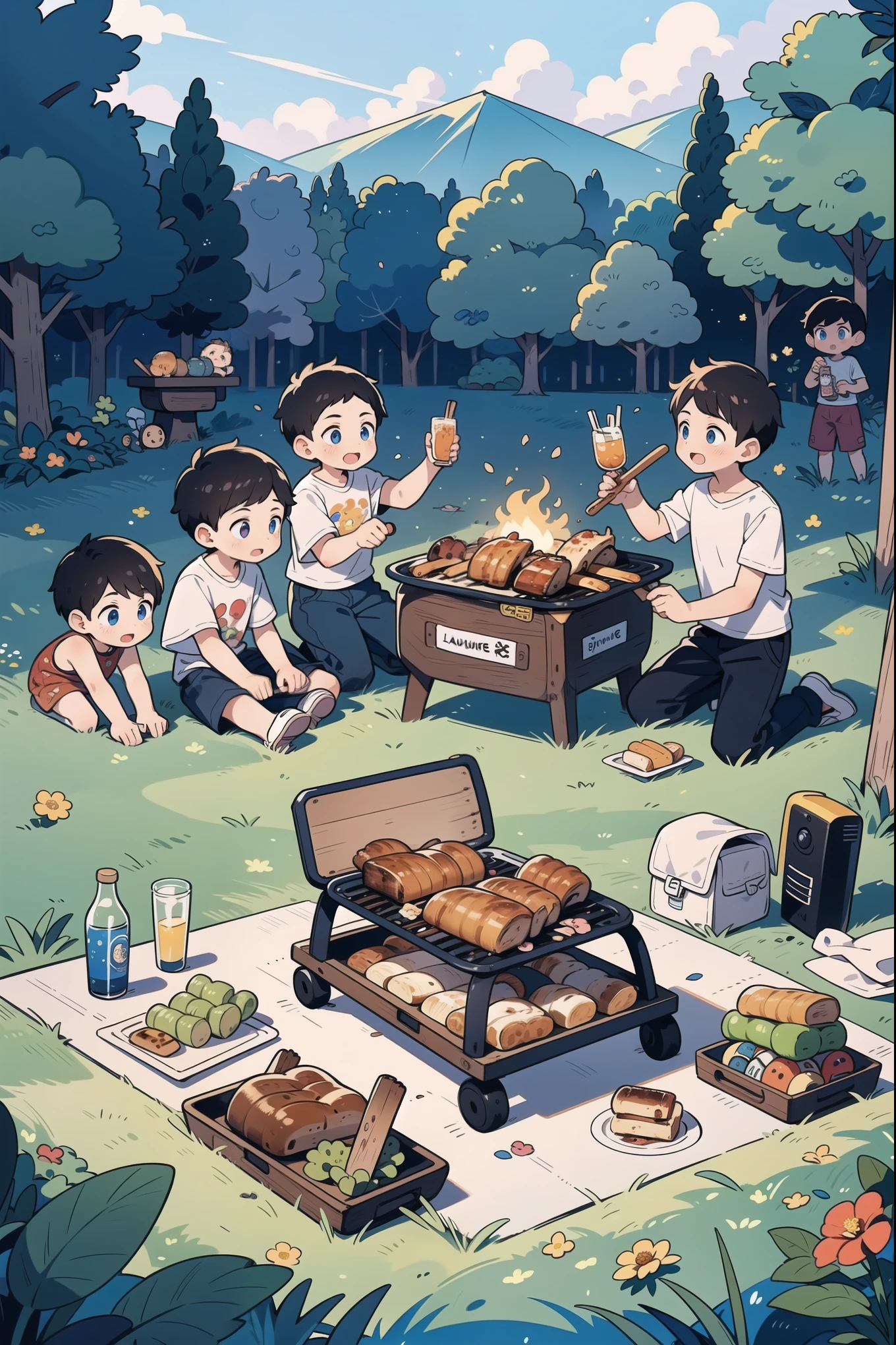 (5 boys watching and playing with each other), whole body (Laurie: 1.2), camping, picnicking, barbecue, barbecue, summer, flowers, evening, shoes, children's illustrations, masterpieces, best quality,