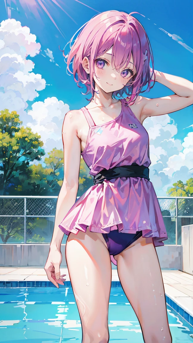Pink Hair,Purple Eyes,short hair,Little sister head,Black hairpin,girl,Lovely,Smiling expression,Happy and happy expression,One piece swimsuit,Japanese swimsuit,whole body,Standing in the pool,Don't show your arms,The background is a swimming pool,Blue sky and white clouds