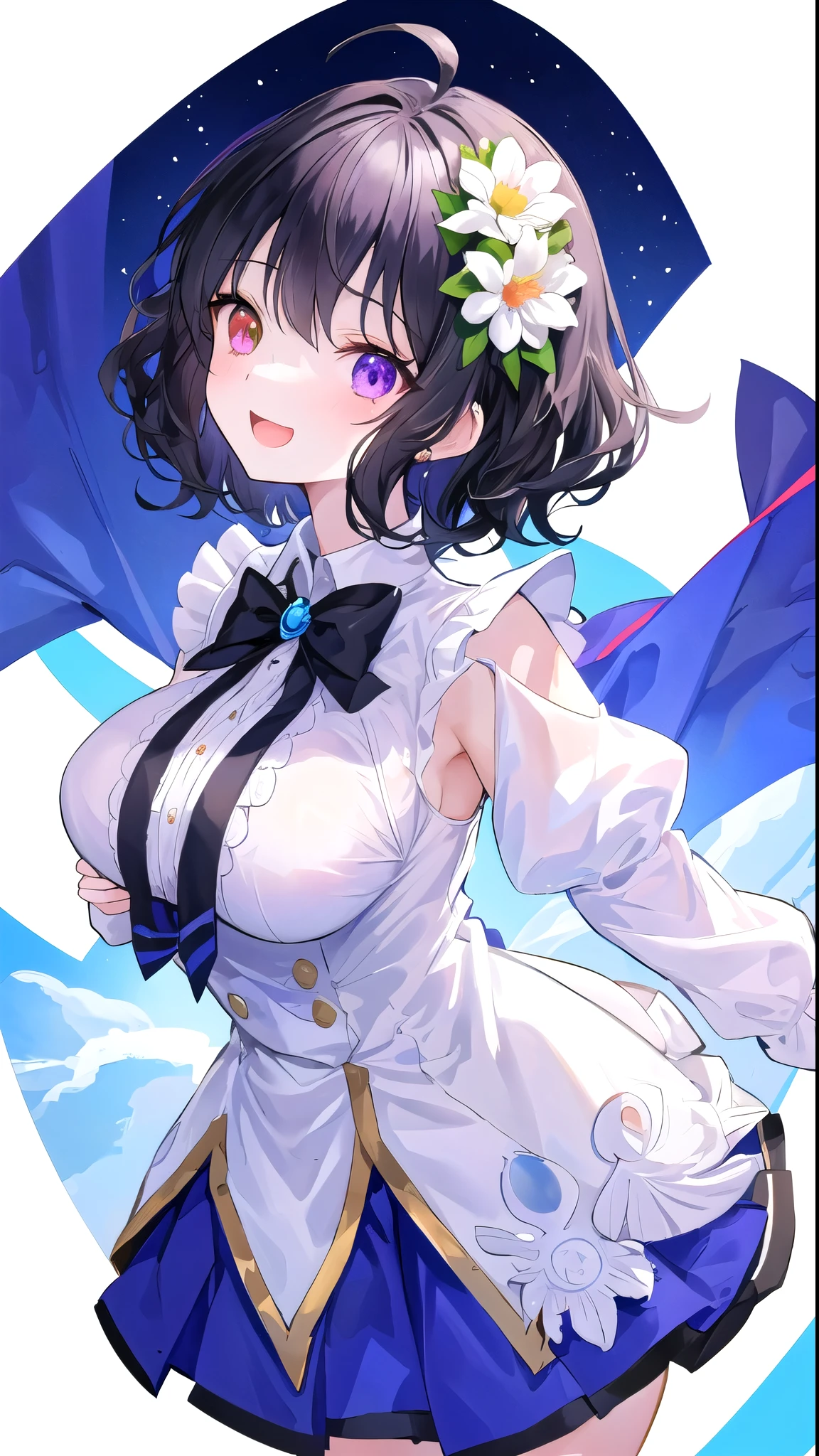 Beautiful illustrations, highest quality, ((upright)), ((Arms at your sides)), Watching the audience, Simple Background、White Background, 1 girl, Open your mouth, smile, Virtual YouTuber、With the girls、((highest quality, expensive_solve, clear_image)),(Black Hair), (Ahoge), (Extremely short hair), (Wavy Hair), heterochromia,purple eye,white eye 、Laughter、Very large breasts、whole body、I can see the valley、Dressed in student uniform、Character sheet,Character Reference Sheet, Character design sheet, ((Front view, Side view)) Symmetrical elements in clothing,