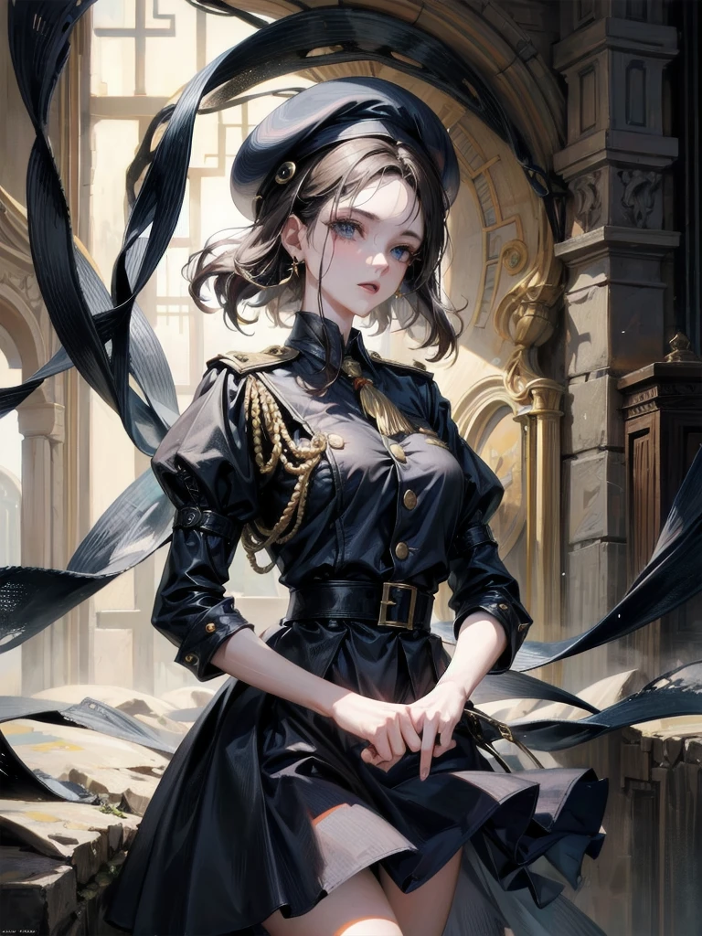whole body, beret, skirt, military uniform, equip a lot of Spears, absurdres, RAW photo, extremely delicate and beautiful, masterpiece, Best Quality, ultra high resolution, 32k, hyperrealistic, ultra-detailed, perfect figure, perfect shape, detailed description, pale skin, 20 years old, detailed beautiful face and eyes, tearful mole, earring, short medium hair, wavy hair,