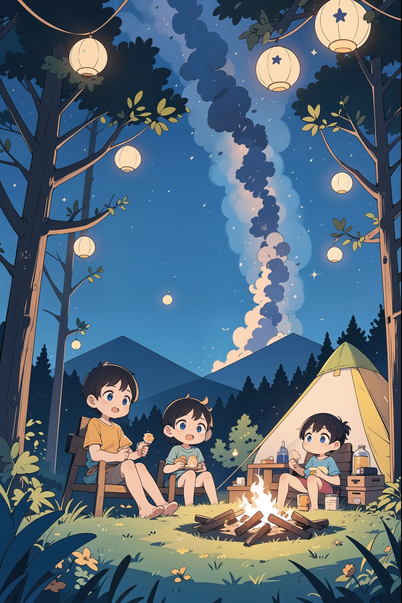 summer,starry sky,camping,tent,fireflies,barbecue,companion,illustration,masterpiece,best quality,